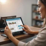 Pelaku UMKM menggunakan aplikasi kasir digital di tablet untuk mencatat transaksi penjualan secara efisien