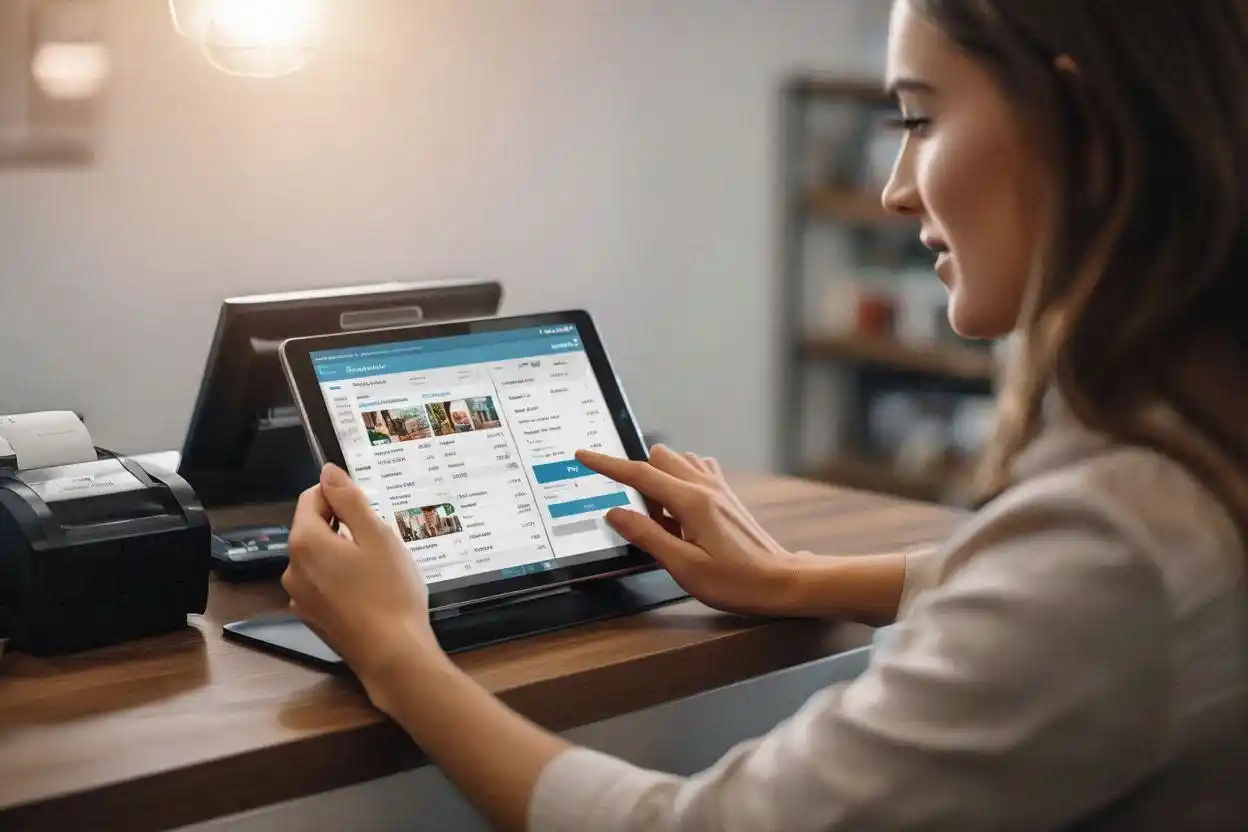 Pelaku UMKM menggunakan aplikasi kasir digital di tablet untuk mencatat transaksi penjualan secara efisien